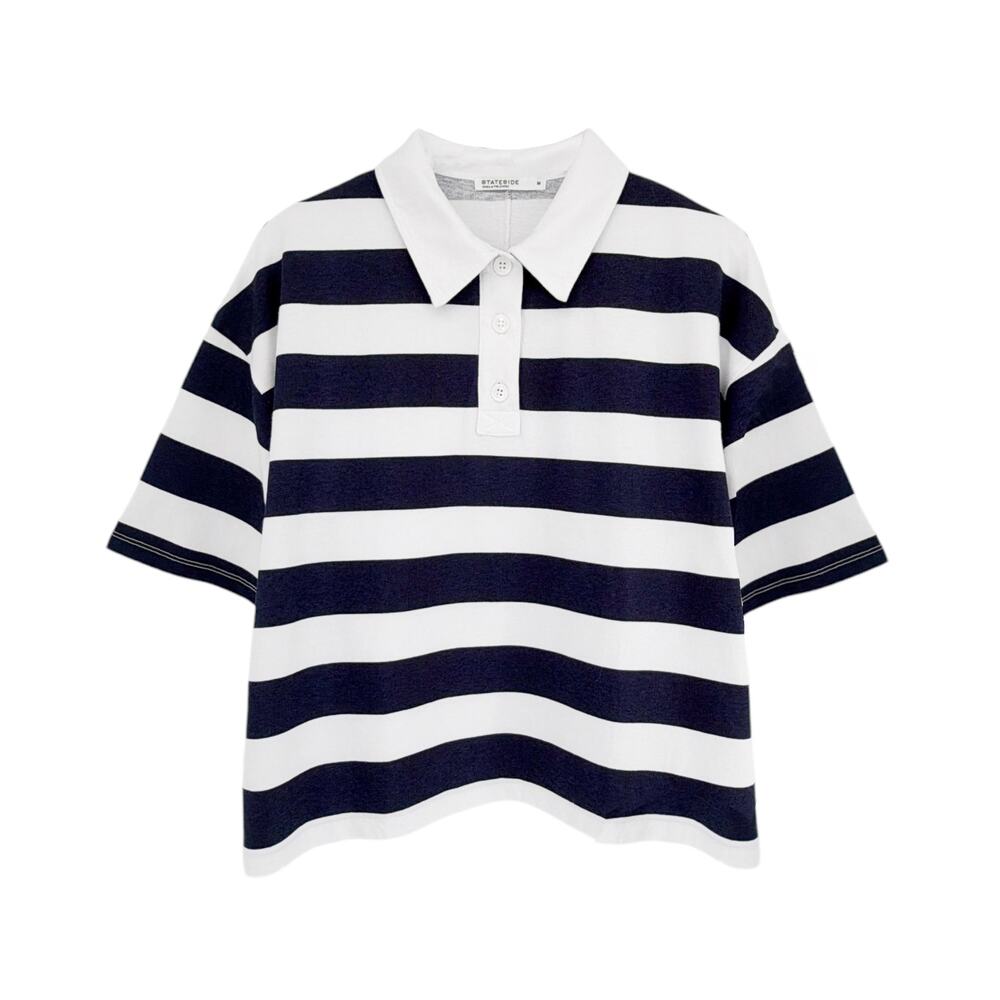 STATESIDE Rugby Stripe Short Sleeve Boxy Polo Navy & White M